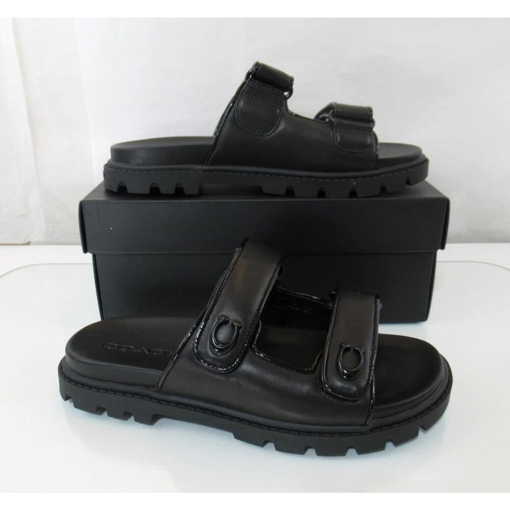 Coach Size 8 Sculpted C Leather Double Strap Band Slide Sandals Flat Heel Black - Picture 3 of 8